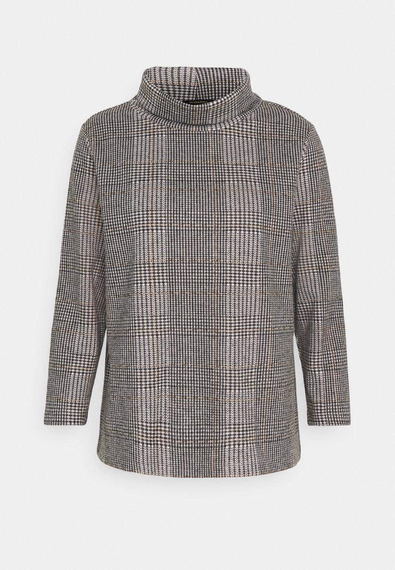 Haut à col roulé avec un motif pied-de-poule en noir, blanc et marron. Manches longues, coupe décontractée, tissu texturé et col roulé.