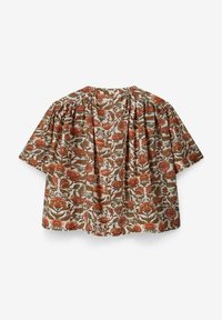 Bluse mit floralem Muster aus leichtem Stoff. Verfügt über kurze Ärmel, einen runden Halsausschnitt und Raffungen auf der Rückseite für zusätzliches Volumen.