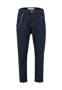 Mørkeblå denimjeans med kjedeaccent på siden, med knappelukking, beltehemper og klassisk fem-lommers design.