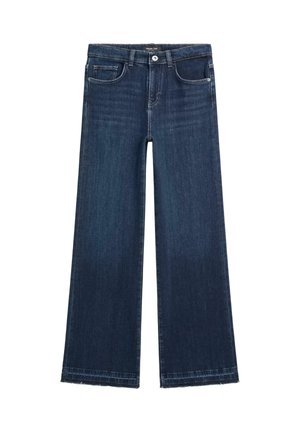 Jeans ampia blu scuro in denim, con design a cinque tasche, chiusura con zip e orlo sfilacciato nella parte inferiore.