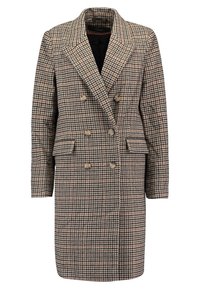 Cappotto doppiopetto in un motivo a scacchi marrone e beige, con rever a punta, due tasche frontali e grandi bottoni. Tessuto testurizzato.