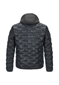 Schwarze gepolsterte Lederjacke mit strukturiertem Oberflächen und grauer Kapuze, die ein gesteppter Design mit rechteckigen Mustern zeigt.