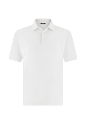 Weißes Polohemd mit kurzen Ärmeln, zwei Knöpfen und Kragen, auf einem schlichten Hintergrund dargestellt.