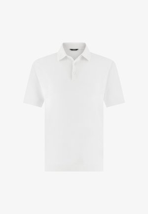 Weißes Polohemd mit kurzen Ärmeln, zwei Knöpfen und Kragen, auf einem schlichten Hintergrund dargestellt.