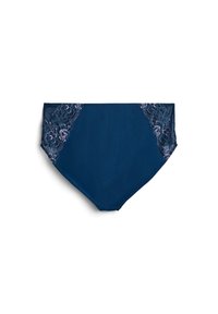 Navy blue high-waisted panties with floral lace accents on the sides. Smooth texture with a classic design. Soft fabric for comfort.