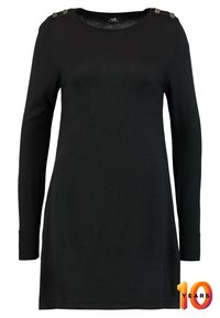 Tunika nera a maniche lunghe realizzata in tessuto morbido, con scollo rotondo e dettagli con bottoni sulle spalle. Design semplice e dritto.