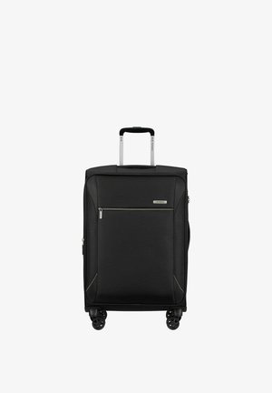 Valise Samsonite souple noire avec poignée télescopique, poche avant zippée et quatre roues multidirectionnelles.