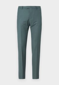Pantalones a medida en un color azul verde oscuro, con una textura suave, corte recto, parte delantera plana y bolsillos laterales.