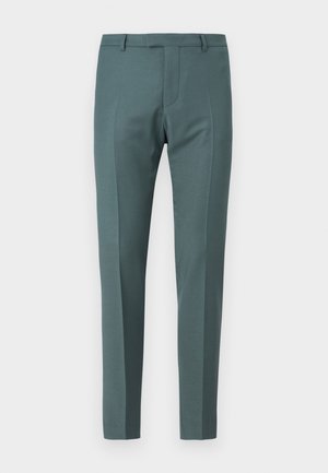 Tailored trousers in a dark teal color, featuring a smooth texture, straight cut, flat front, and side pockets.