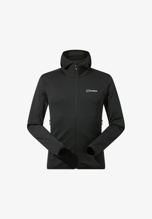 Zwarte fleecetrui met hoge kraag, volledige rits, textuurstof en elastische manchetten. Voorzien van twee ritszakken aan de zijkant en een logo op de borst.