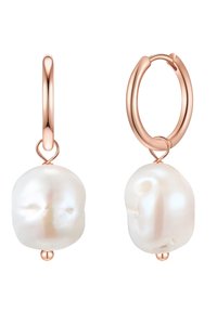 Rožių aukso auskarai su reguliarumo neturinčiomis baltosiomis baroko perlų, turinčių blizgią, lygią tekstūrą ir išskirtinį centrinį karoliuką.