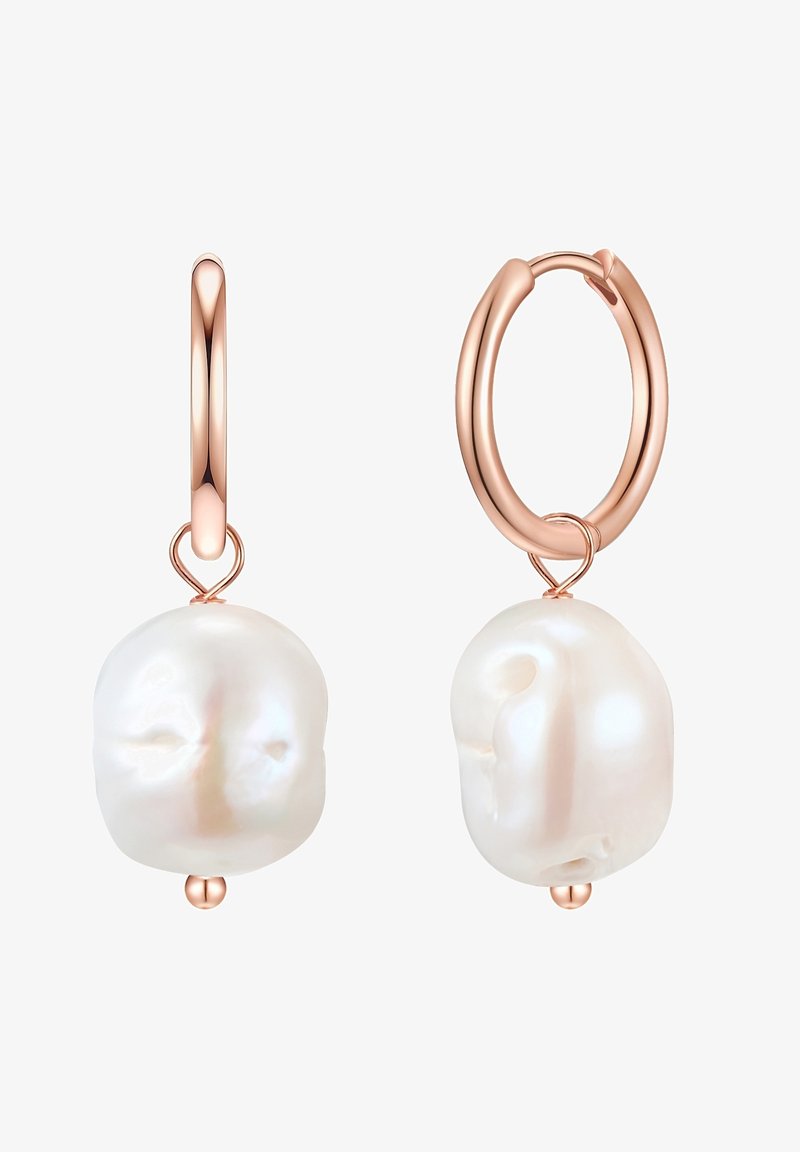 Rožių aukso auskarai su reguliarumo neturinčiomis baltosiomis baroko perlų, turinčių blizgią, lygią tekstūrą ir išskirtinį centrinį karoliuką.