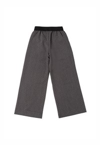 Szare spodnie szerokie z teksturowanej tkaniny i czarną elastyczną talią, posiadające delikatne poziome paski oraz małe wzorowane detale.