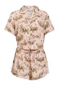 Rosa kurzes Schlafanzugset aus leichtem Stoff, mit einem naturinspirierten Druck von Vögeln und Pflanzen. Beinhaltet ein Knopfverschluss-Oberteil und einen elastischen Bund.
