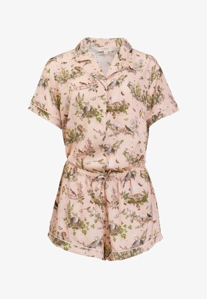 Rosa kurzes Schlafanzugset aus leichtem Stoff, mit einem naturinspirierten Druck von Vögeln und Pflanzen. Beinhaltet ein Knopfverschluss-Oberteil und einen elastischen Bund.