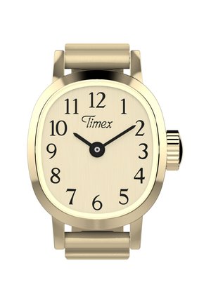 Montre Timex dorée avec cadran beige, chiffres arabes noirs et aiguilles des heures et des minutes indiquant 10h10.