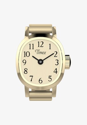 Montre Timex dorée avec cadran beige, chiffres arabes noirs et aiguilles des heures et des minutes indiquant 10h10.
