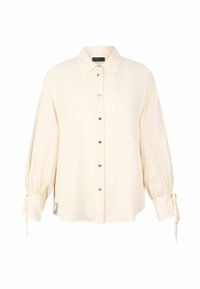 Cremfarbene Bluse mit klassischem Kragen, Knopfverschluss und weiten langen Ärmeln. Mit Bindebändern an den Ärmelmanschetten und glatter Textur.