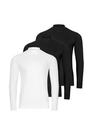 Drie shirts met lange mouwen en een col, één witte vooraan en twee zwarte daarachter, weergegeven tegen een witte achtergrond.