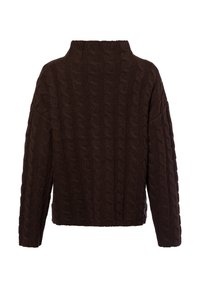 Brauner Strickpullover mit einem groben Zopfmuster, hohem Kragen und entspannter Passform mit überhängenden Schultern und langen Ärmeln.