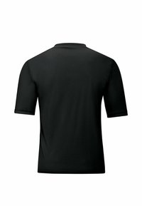 Black short-sleeved polo shirt with a smooth texture, minimal design, and a flat collar. No visible logos or patterns.