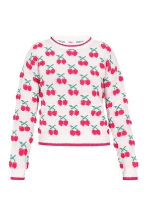 Witte gebreide trui met een kersenpatroon in roze en groen. Ribbelhals en mouwen met een roze rand. Korte, ontspannen pasvorm.