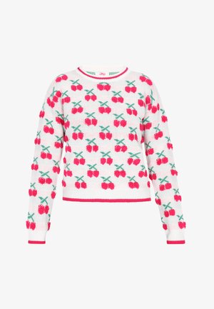 Witte gebreide trui met een kersenpatroon in roze en groen. Ribbelhals en mouwen met een roze rand. Korte, ontspannen pasvorm.