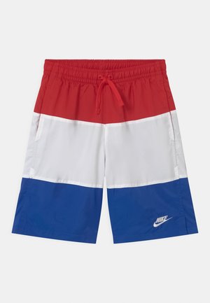 Męskie kąpielówki z kolorowymi blokami, z elastycznym pasem i sznurkiem, zawierające czerwone, białe i niebieskie panele oraz białe logo Nike na niebieskiej części.