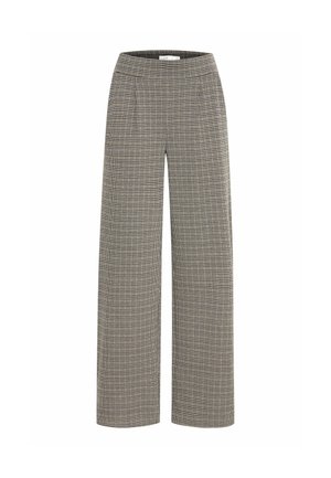 Pantalones de pierna ancha en un patrón de espiga blanco y negro. Tejido suave, cintura alta, pliegues frontales y sin herrajes ni acentos visibles.