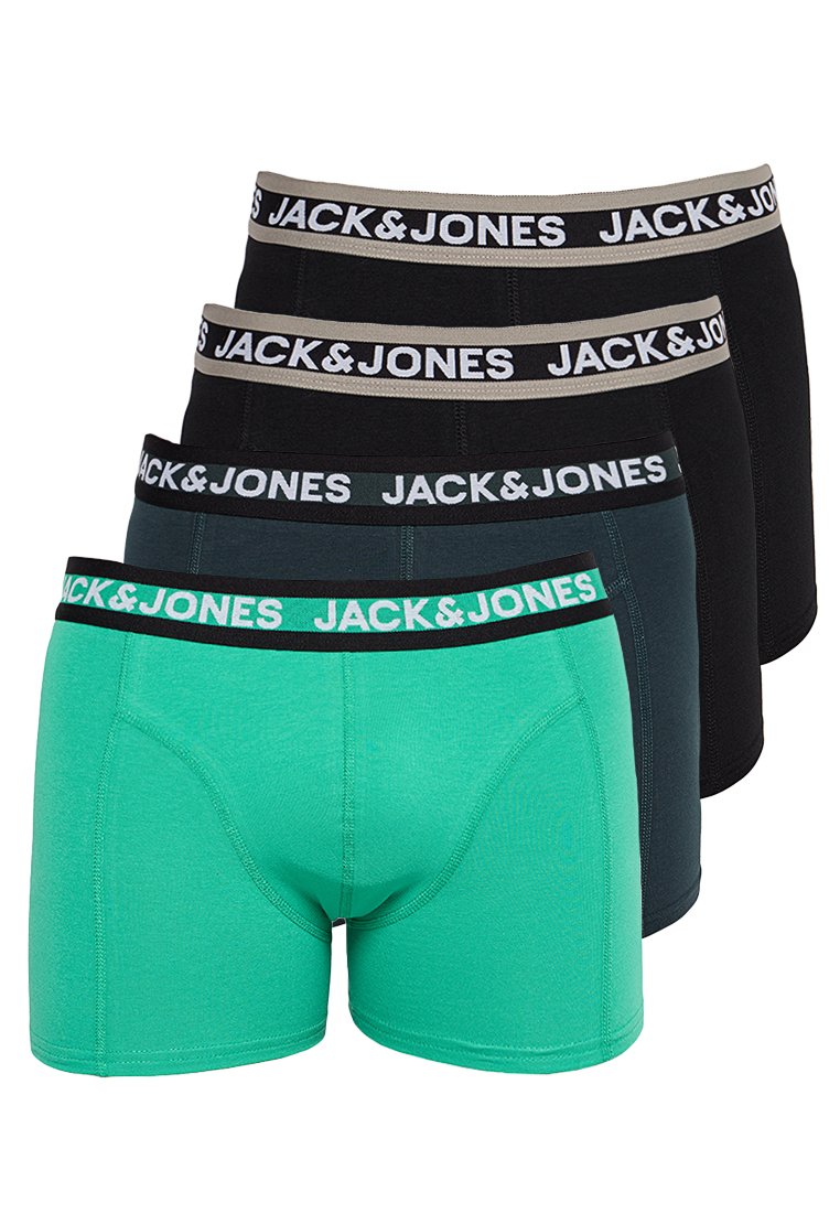 Cuatro bóxers para hombre en verde, azul oscuro y dos pares negros, cada uno con cinturillas elásticas de marca "JACK & JONES".