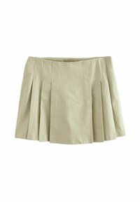 Jupe plissée beige clair avec une taille ajustée. Confectionnée en tissu texturé, elle présente quatre plis verticaux pour une apparence structurée.