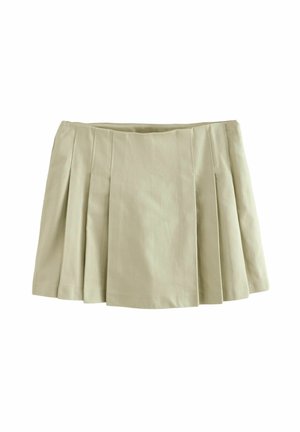 Jupe plissée beige clair avec une taille ajustée. Confectionnée en tissu texturé, elle présente quatre plis verticaux pour une apparence structurée.