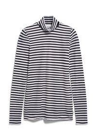 Schwarz-weißer gestreifter Langarm-Turtleneck-Pullover mit einem hohen Kragen und glatter Textur. Ein klassisches Design mit gleichmäßigen Streifen.