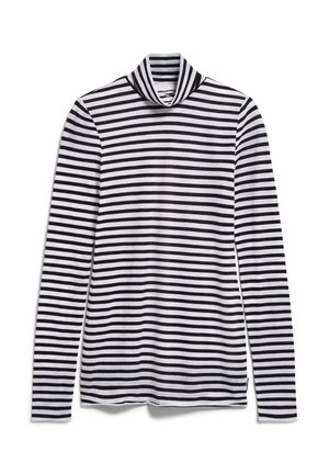 Black and white striped long-sleeve turtleneck sweater, featuring a mock neck and smooth texture. A classic design with even stripes.