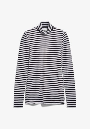 Black and white striped long-sleeve turtleneck sweater, featuring a mock neck and smooth texture. A classic design with even stripes.