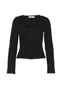 Cardigan nera, strutturata, con scollatura a barca, maniche lunghe e orlo dritto. Presenta sei bottoni neri sul davanti.