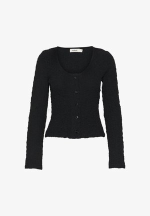 Zwarte, textuurgebreide cardigan met een ronde hals, lange mouwen en een rechte zoom. Heeft zes zwarte knopen langs de voorkant.