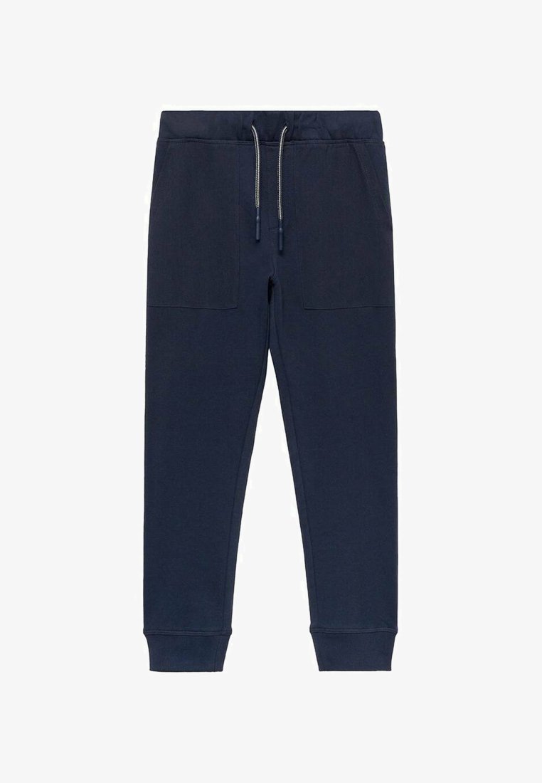 Navy blue sweatpants made of soft fabric, featuring an elastic waistband with drawstring, two front pockets, and tapered cuffs.