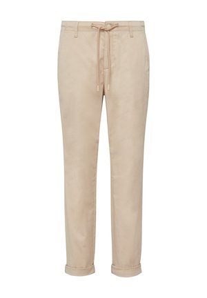 Beige cotton pants with a drawstring waist, tapered leg design, rolled cuffs, and smooth texture. Features simple stitching details.