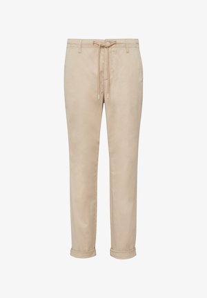 Beige katoenen broek met een tailleband met trekkoord, tapse pijpdesign, opgerolde mouwen en een gladde textuur. Kenmerkt zich door eenvoudige stikdetails.