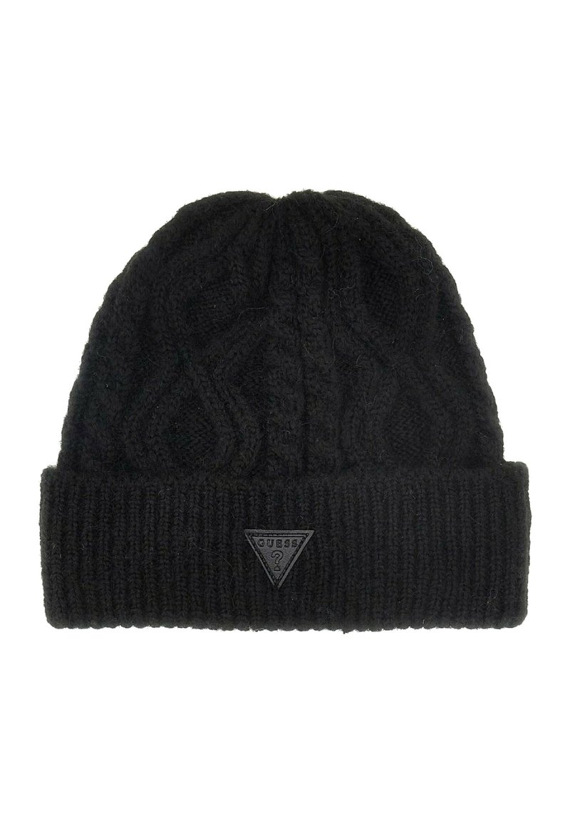 Czarna dziana czapka z teksturowanym wzorem w warkocze, z grubym ściągaczem i gumową naszywką z logo z przodu.