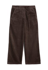 Hnědé kordově široké kalhoty s vertikálními pruhy, se dvěma předními kapsami a knoflíkovým zapínáním v pase. Texturovaná tkanina.