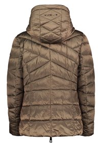 Veste matelassée marron avec un motif de couture matelassé et une capuche attachée, vue de dos avec la tirette de la fermeture éclair visible en bas.