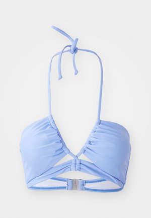 Light blue bikini top with gathered fabric, halter neck ties, and a crisscross front design. Features a back clasp closure. Smooth texture.