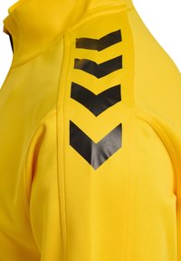 Gros plan d'une manche de veste jaune comportant quatre bandes en chevrons noirs pointant vers le bas, disposées verticalement.