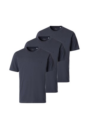Trois t-shirts unis gris foncé à manches courtes et col rond, disposés en chevauchement avec un petit logo sur la poitrine gauche.