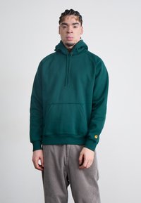Dark green hoodie with a kangaroo pocket, adjustable drawstring hood, and ribbed cuffs. Features a small yellow logo on the sleeve.