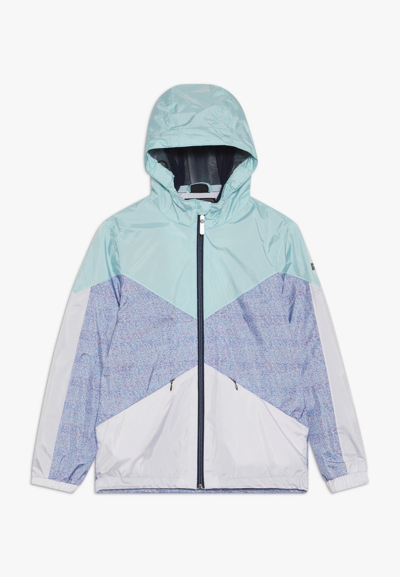 Coupe-vent à capuche bleu clair avec fermeture éclair frontale, doublure intérieure en mesh, poignets élastiques et deux poches zippées sur fond blanc.