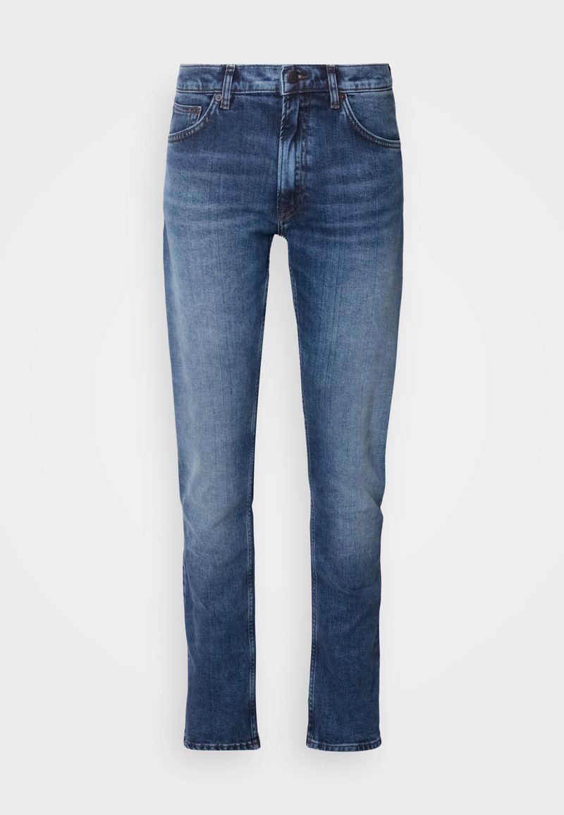 Denim Jeans in mittlerem Blau, mit geradem Bein-Design, ausgestattet mit einem Knopf- und Reißverschluss, klassischem Fünf-Taschen-Design und subtilen Ausbleichungen.