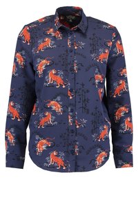 Modrá košile s knoflíky ve vzoru oranžového tygra a bambusovými akcenty. Vyrobena z hladké látky s dlouhými rukávy a standardním límečkem.